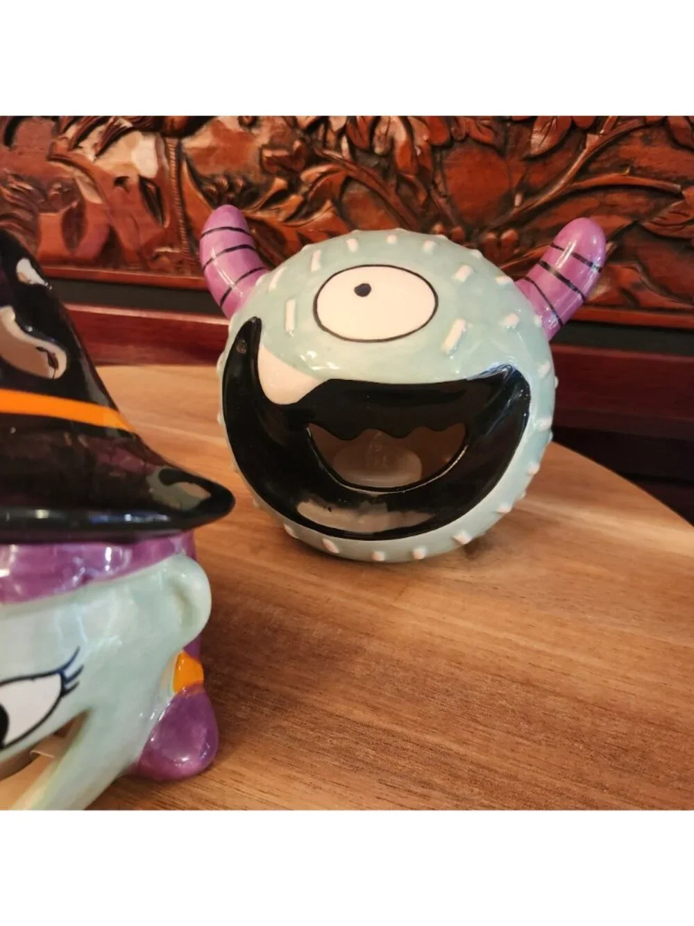 Set Of 3 Ceramic Halloween Tealight Holders - Witch Cat & Monster Designs